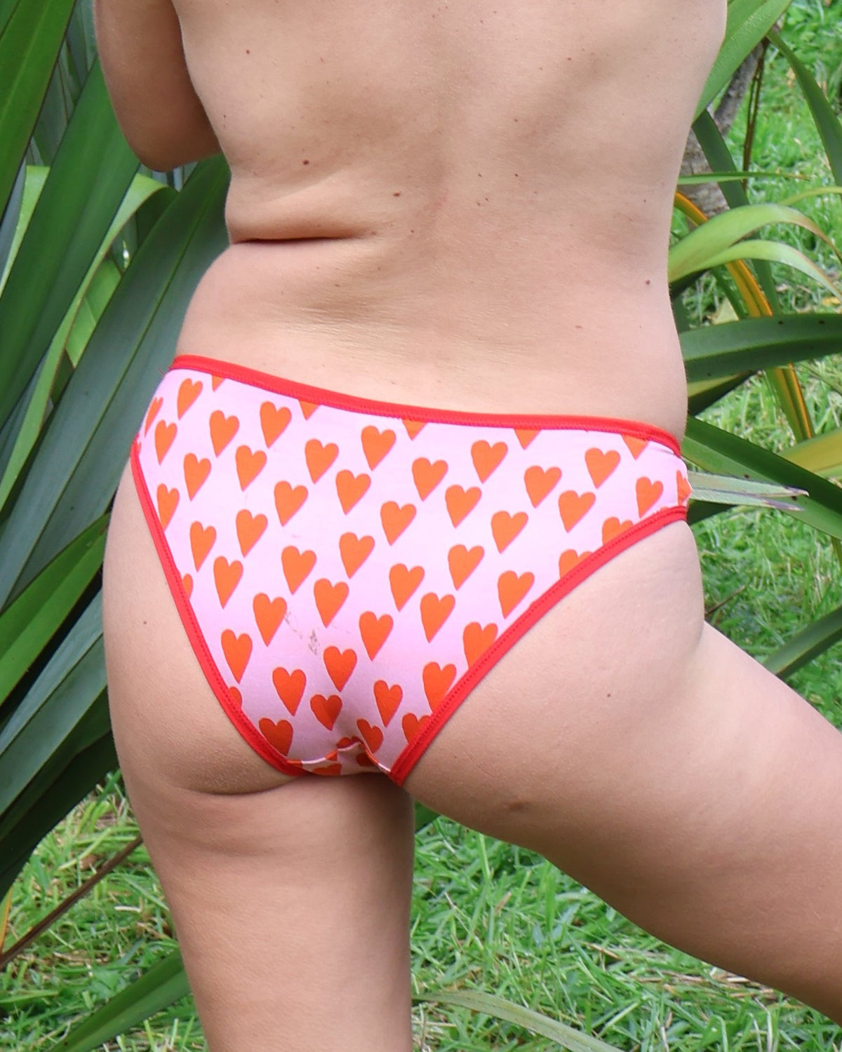 Close-up of the Iris hipster briefs in the Sweetheart heart print, back view, Valerie Lingerie