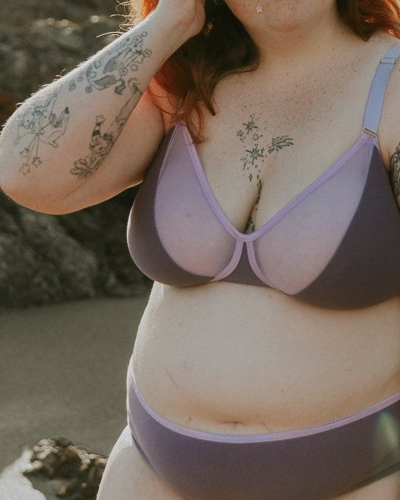 Close-up of the Keely wire-free bra in lavender organic cotton, Valerie Lingerie